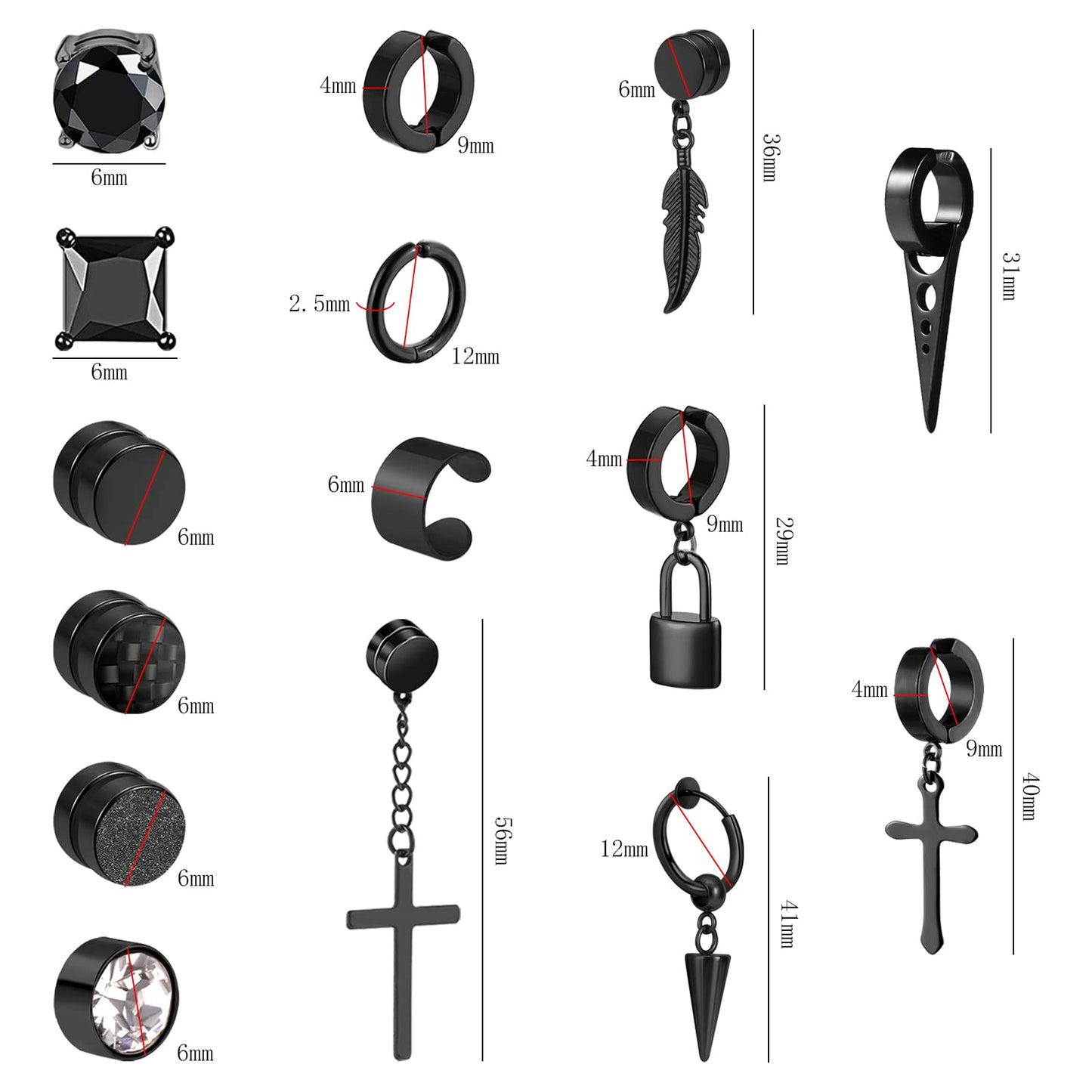 NEWITIN 15 Pairs Stud Earrings for Men Clip on Earrings Stainless Steel Non Piercing Earring Unisex Dangle Cross CZ Hoop Stud Earring Set for Men Women