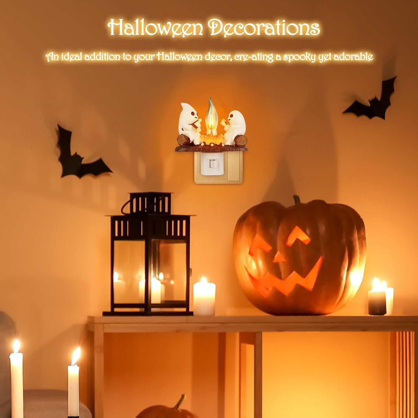 RAINBEAN Ghost Campfire Flickering Night Light, 3D Small Electric Faux Campfire Night Light,Ghosts Campfire Flicker Flame Nightlight, 5in LED Campfire Night Lights Funny Halloween Decor