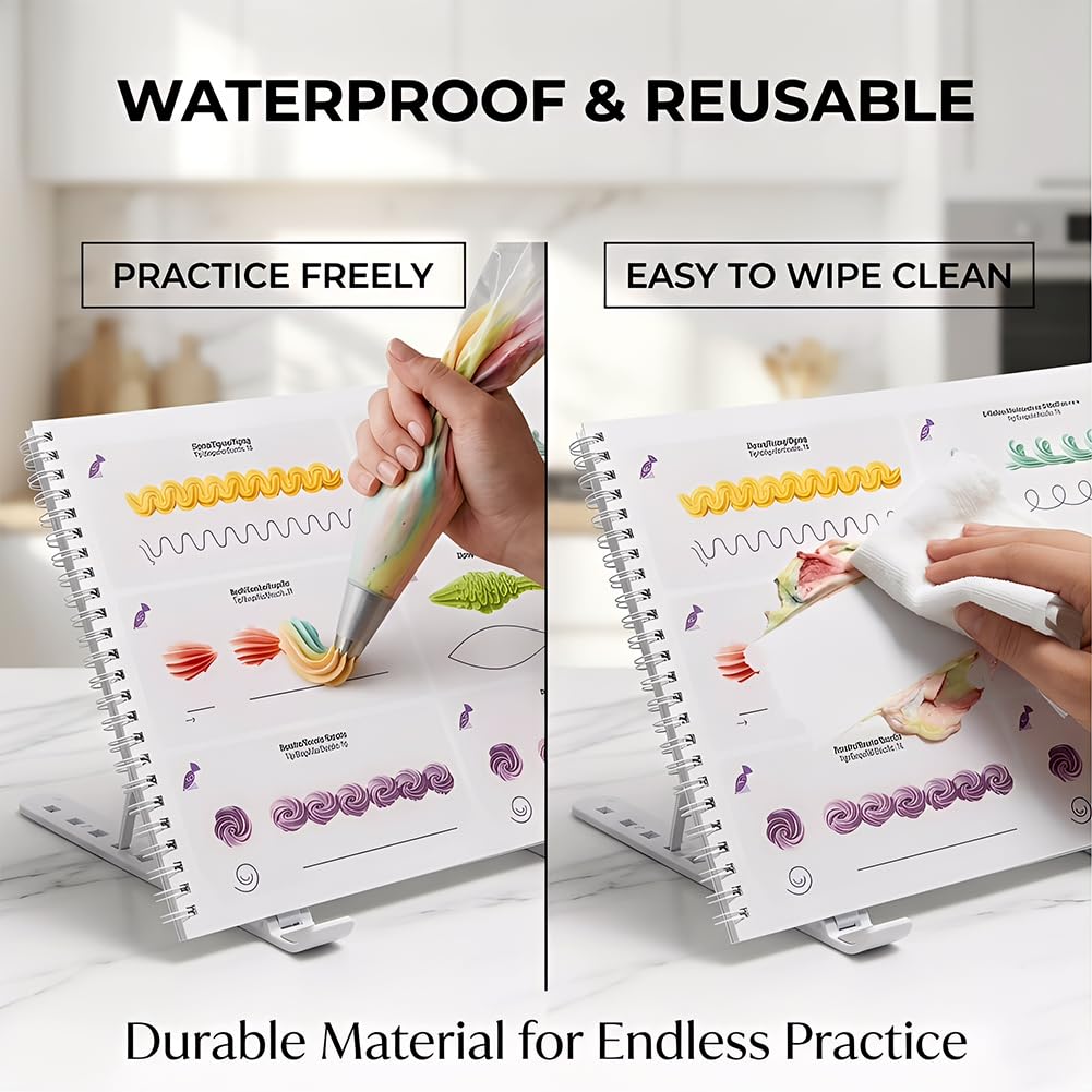 MDTARVF Upgraded Cake Practice Decorating Board with Adjustable Stand Thickened Waterproof, 23 Sheets Icing Piping Nozzles Practice Drawings Cake Decorating Kit Baking Supplies for Beginner Home Baker