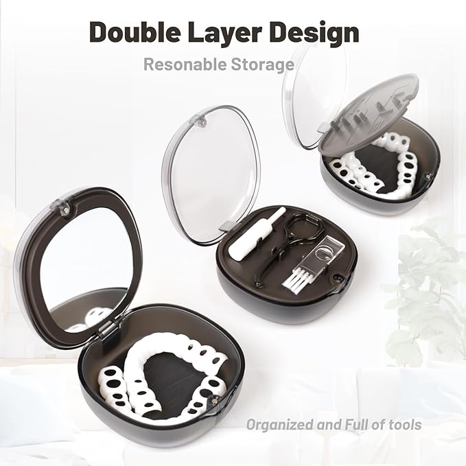 Newly designed double-layer retainer container case, special retainer case (with removal tool and brush), gift for women and men, compatible with Invisalign - Gray
