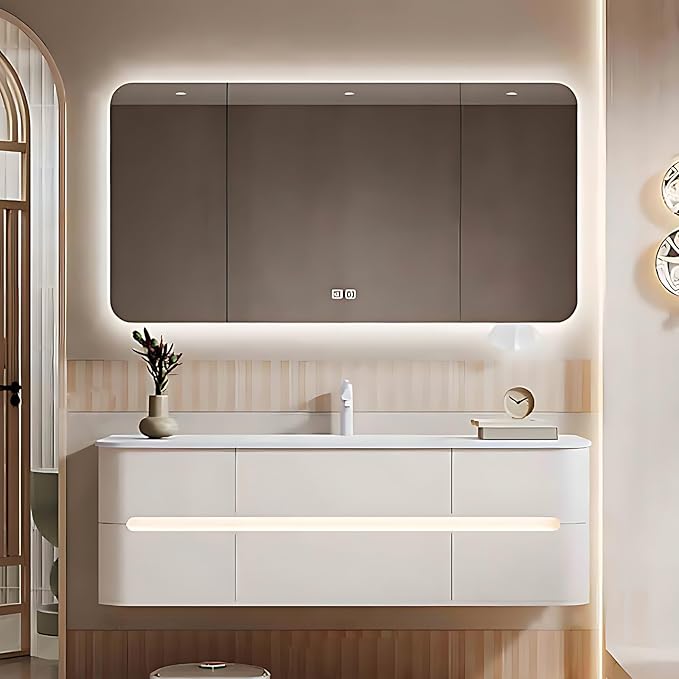 60IN Bathroom Vanity - Bathroom Vanity with Sink with Intelligent Induction Light | Wall-Mounted Bathroom Vanity with Intelligent LED Mirror Cabinet & 6 Drawers, Cream Color