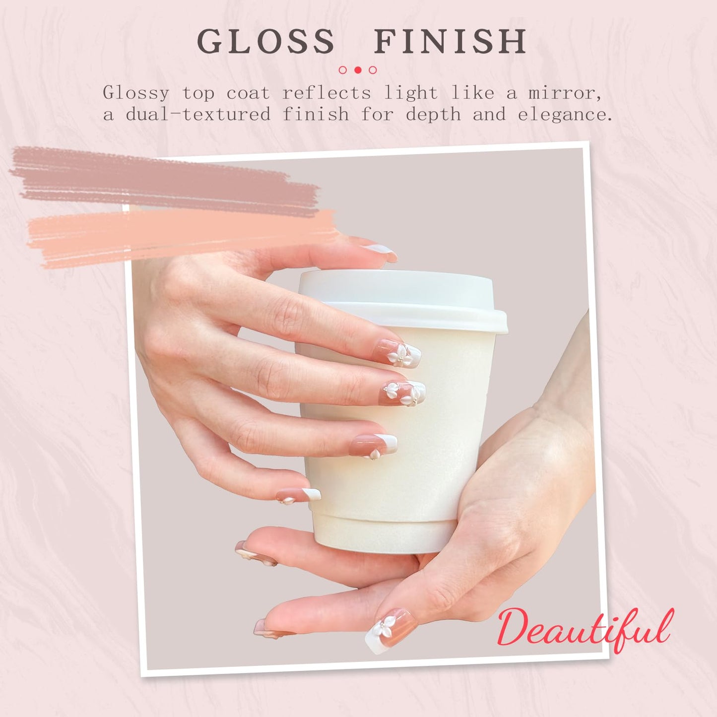 Handmade Press on Nails Short Coffin - French Tip Acrylic Fake Nails with 3D White Flower Designs, Elegant & Simple False Nails, Salon-Quality DIY Nail Art（M-10PCS)