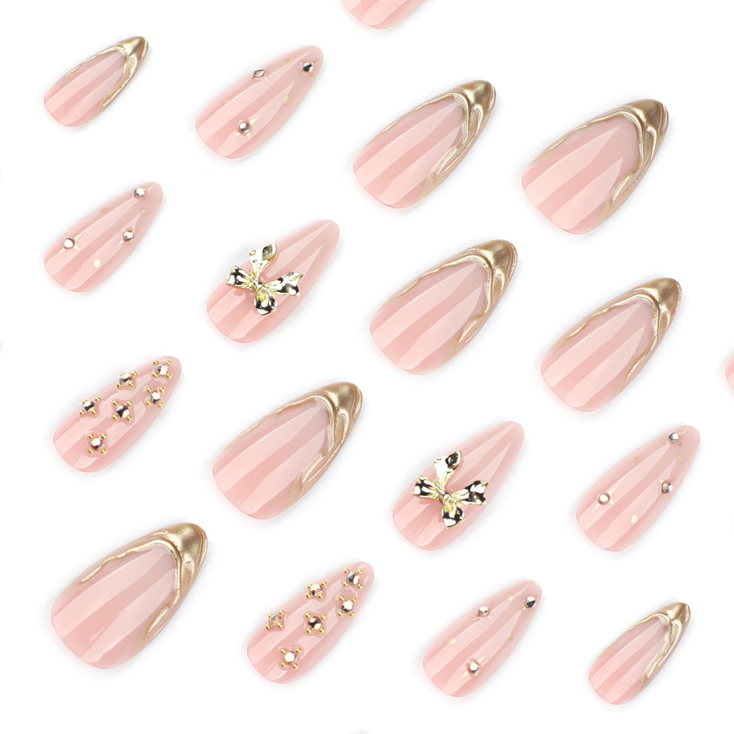 Press On Nails Medium Almond Fake Nails Press Ons With Gold Rhinestone Star Design Gold Bow French False Nails Pink Glossy Acrylic Nails For Women