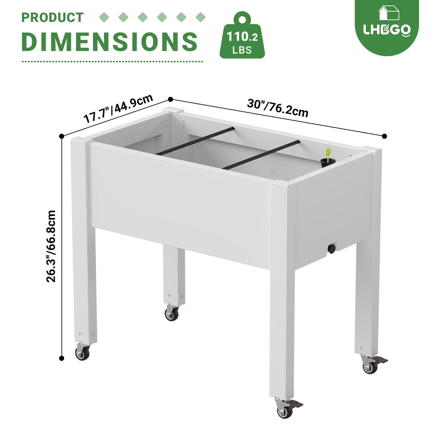 LHBGO Raised Garden Bed with Wheels - Outdoor Mobile Elevated Resin Planter Box with Drainage Holes for Vegetables Flower Herbs (1 Pack, White)