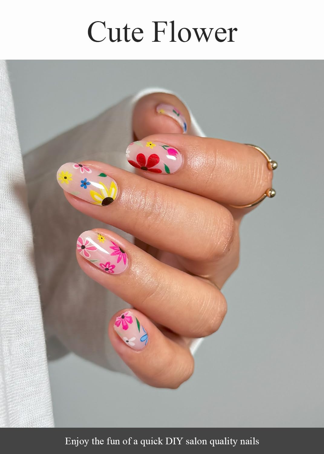 AutyaMee Semi Cured Gel Nail Strips (Cute Flower), 20 Pcs Summer Pink Gel Nail Wraps, Stickers, UV Light Required, Salon Quality, Long Lasting
