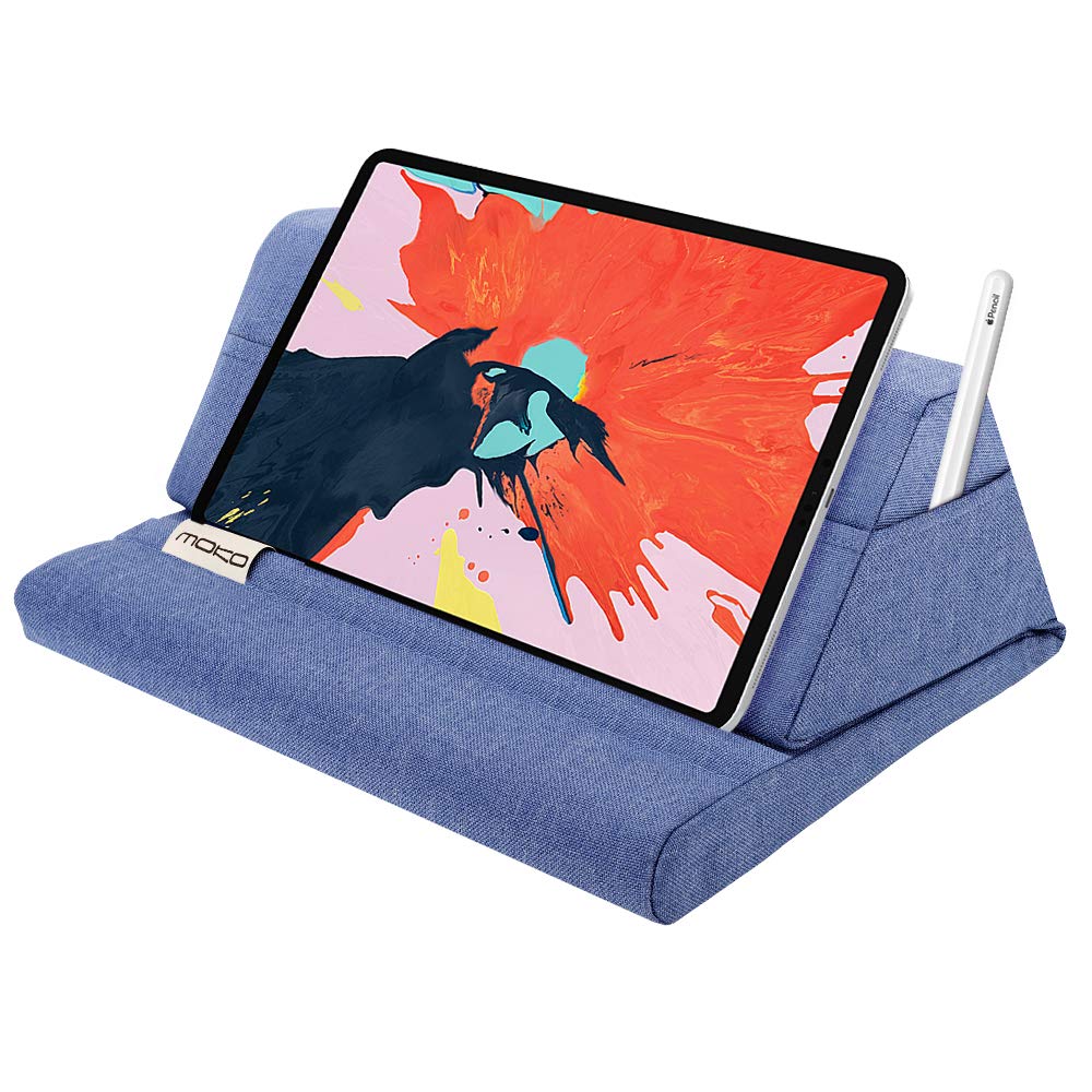 Moko Tablet Pillow Stand, Soft Bed Pillow Holder Xmas Gift for up to 11" Pad, Fits iPad 10.2"(9th Gen), New iPad mini 6 8.3" Air 4/3, iPad Pro 11/10.5/9.7, Mini 5 4, Galaxy Tab S6/S7 11", Denim Blue