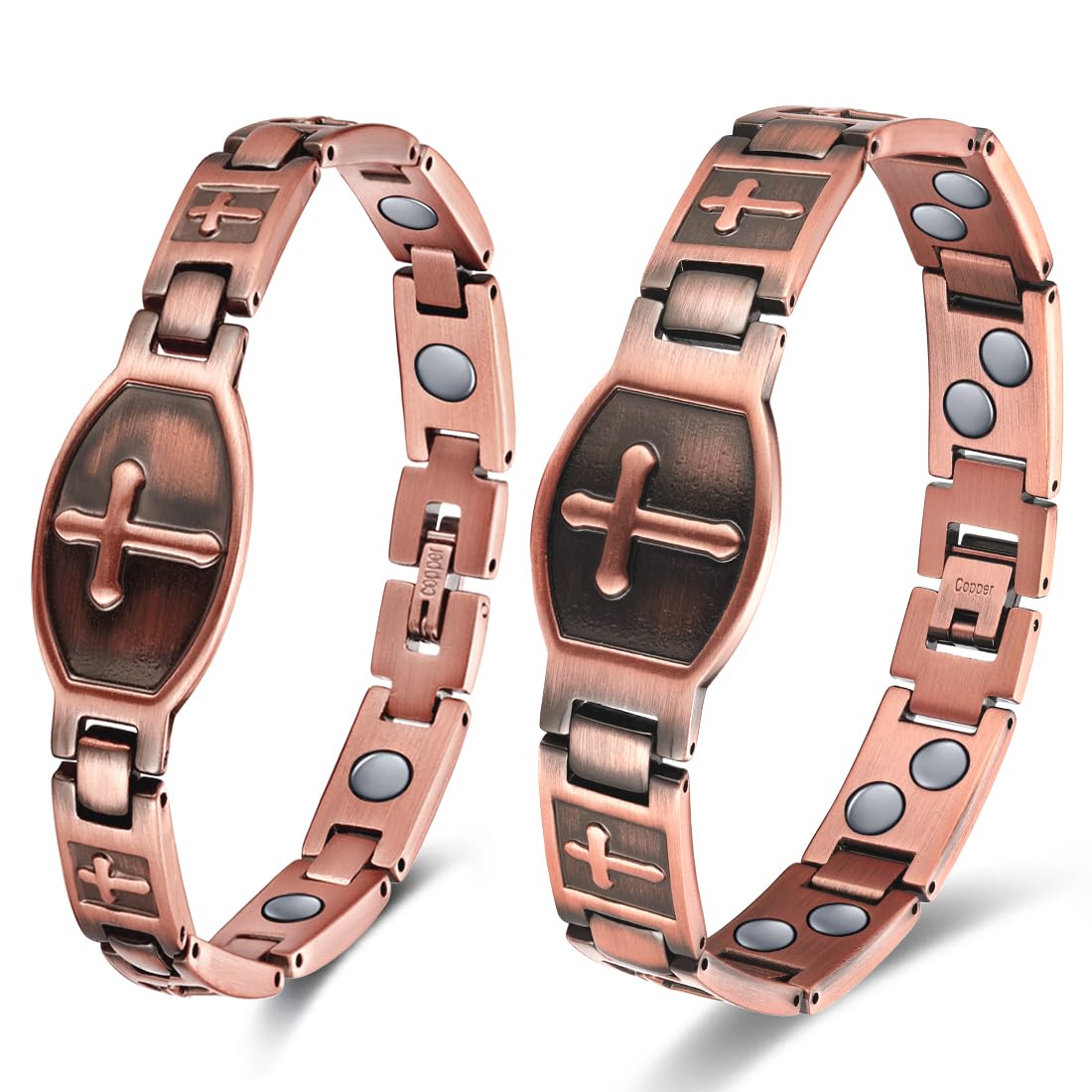 Vicmag 2PCS Men Copper Magnetic Bracelets for Couple Double Row 99.9% Solid Pure Copper Cross Bracelet Gift with Adjustment Tool