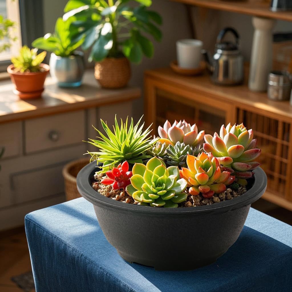 MUZHI 12PACK Matte Black Succulent Bonsai Round Planter Bowl Pot with Drainage, Plastic Cactus Flat Garden Plant Bowl Pots 6.3”