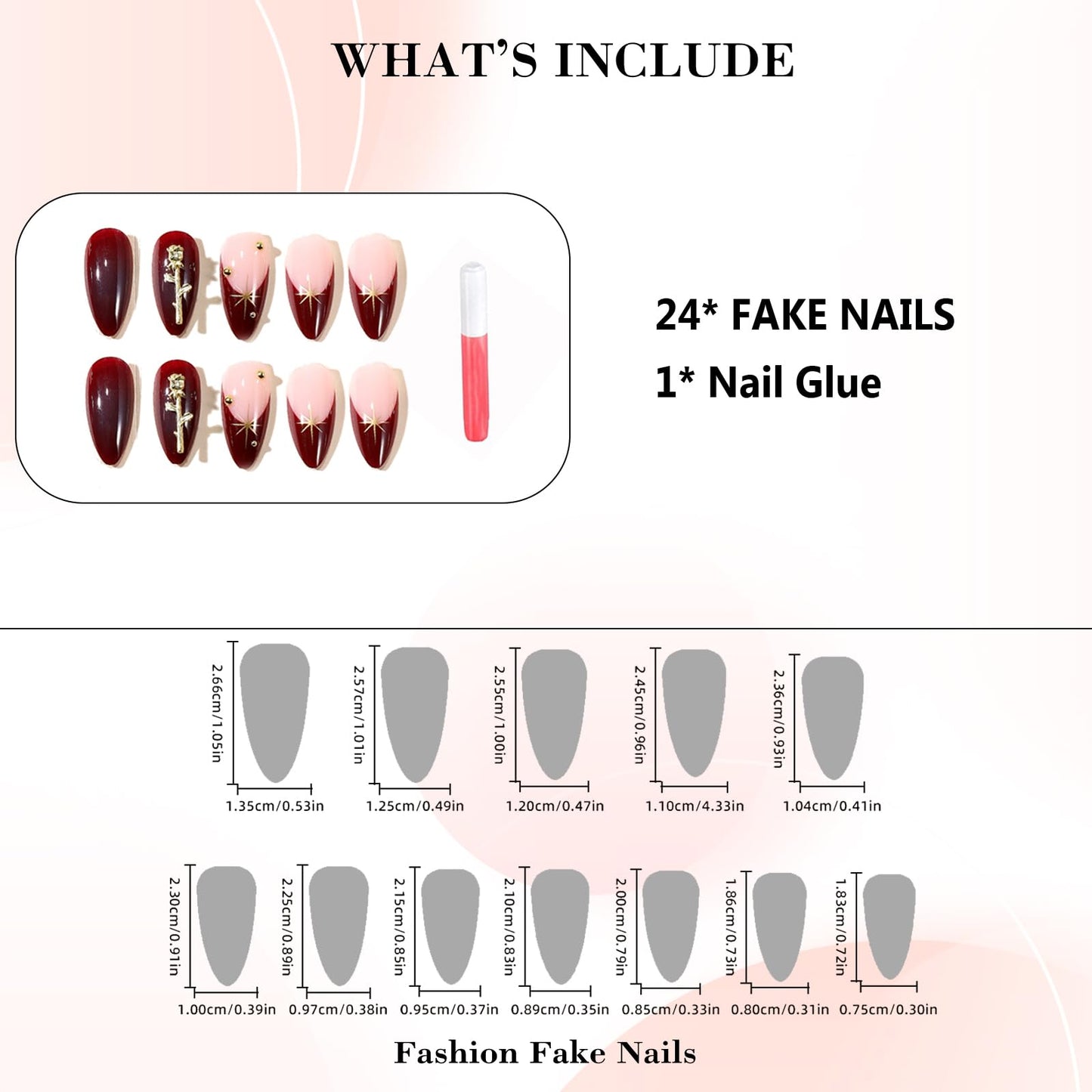 IMRAIN Press on Nails Medium Almond Fake Nails with 3D Golden Rose Designs Burgundy Acrylic False Nails Full Cover Stick on Nails for Women