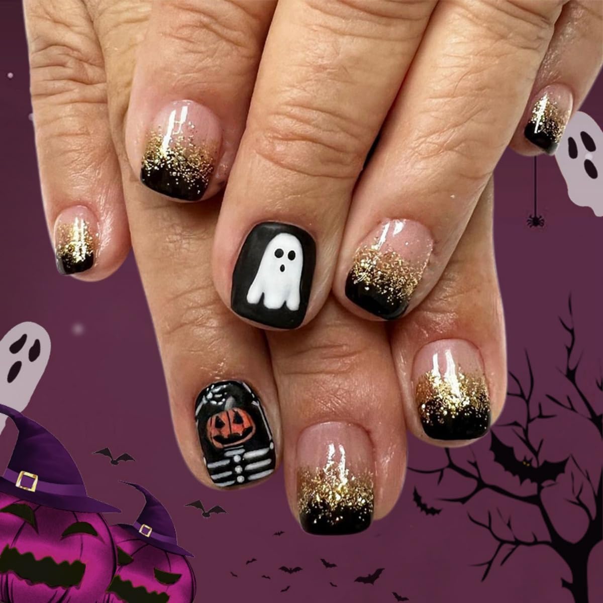 Halloween Press on Nails Short Square Fake Nails Pumpkin Ghost Skeleton Desige Stick on Nails Gold Glitter False Nails Gradient Artificial Handmade Acrylic Glue on Nail for Women Manicure 24Pcs