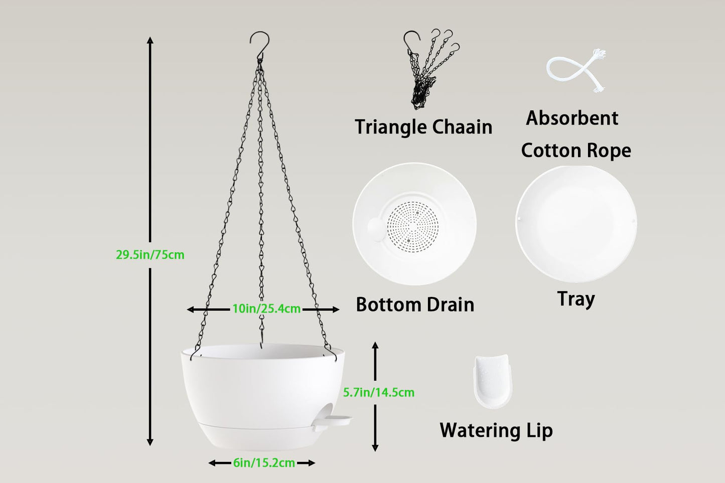 XQSHPDM Hanging Planters, 3-Pack 10 Inch Self-Watering Pots with Drainage Holes and Chains, Matte Plastic Planters for Indoor/Outdoor Plant（White）