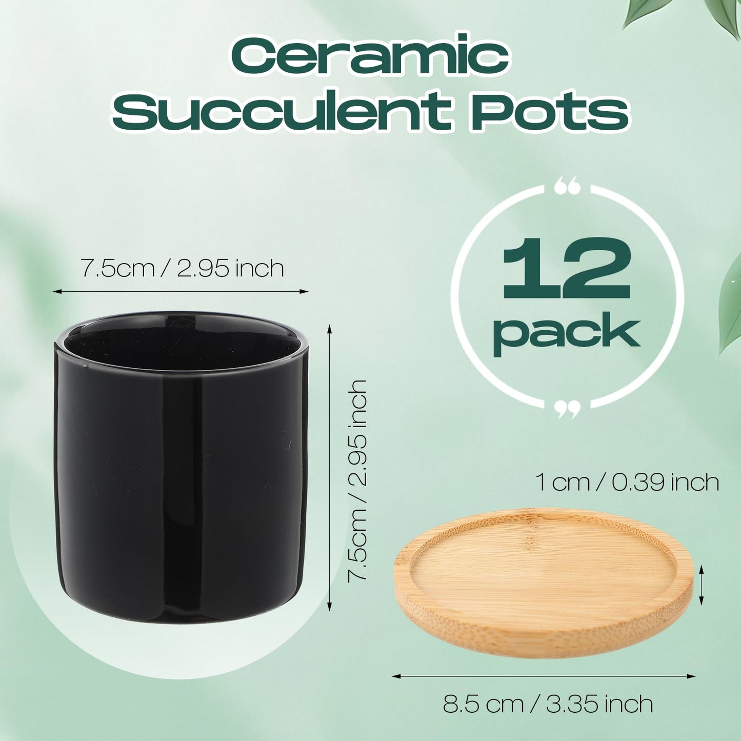 Cindeer 12 Pack Small Succulent Plants Pots 3 Inch Ceramic Flower Planter Pot and Bamboo Tray with Drainage Hole for Succulents Cactus Indoor Garden Decorations, Plant Not Included(Black)