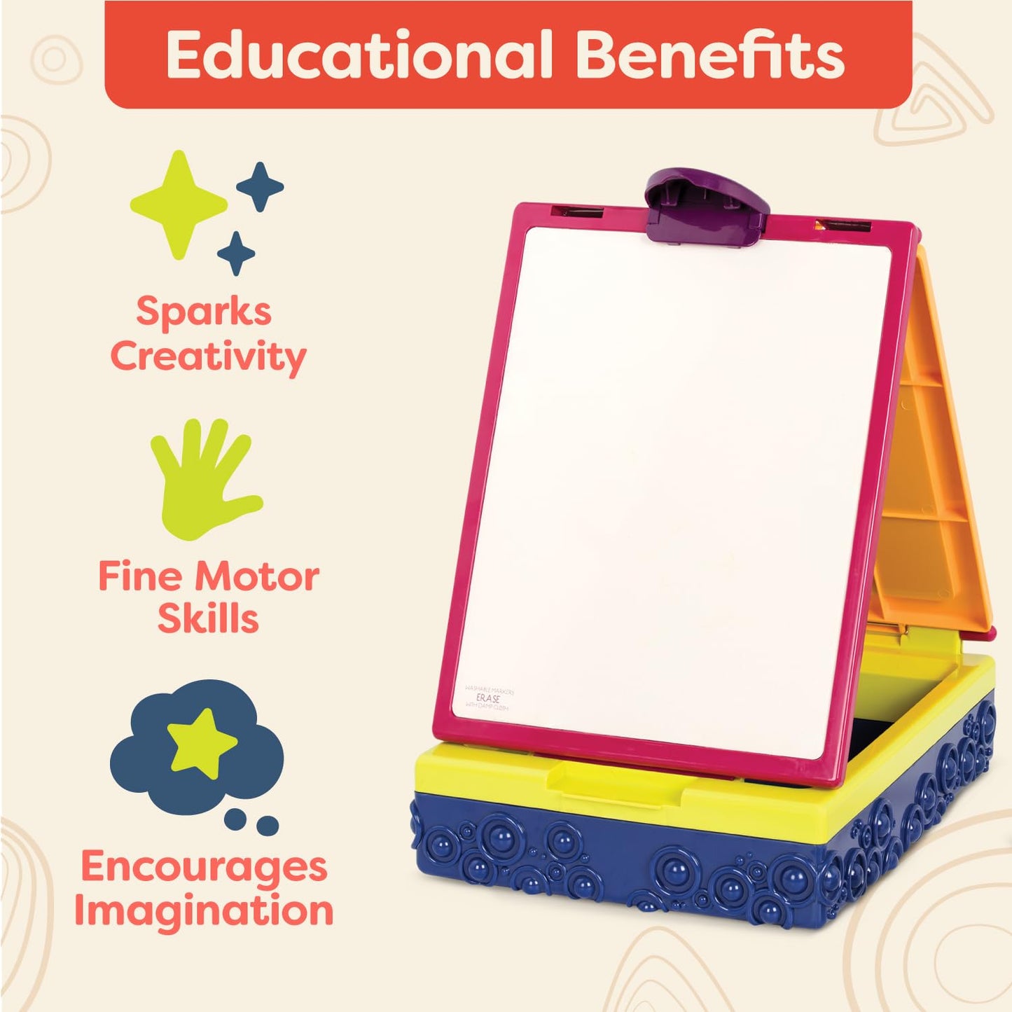 B. toys – Take It Easel – Creative Portable Table Top Easel – Chalkboard & Whiteboard – Drawing Toys for Toddlers, Kids – 2+ Years