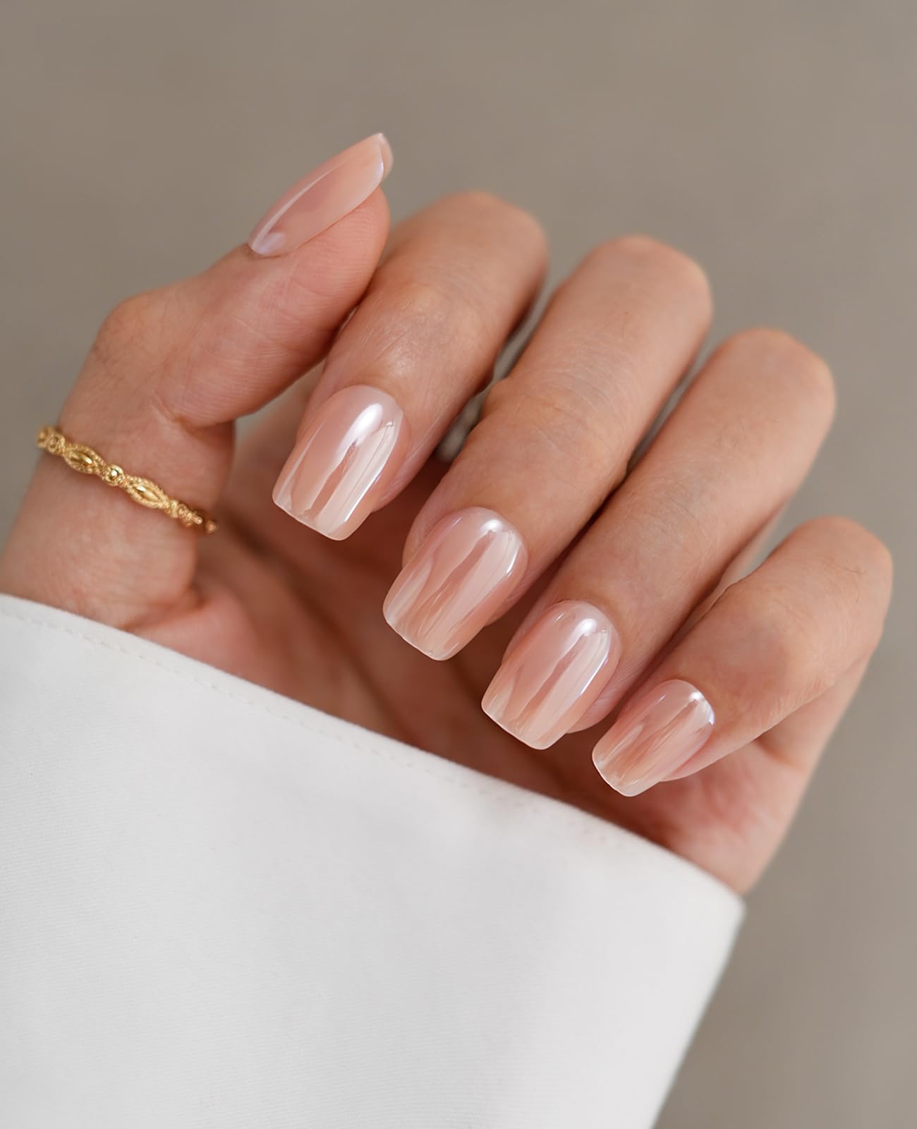 ESLALA Chrome Press On Nails,Glossy Short Squoval Fake Nails, Aurora Chrome Pinkish Press On Nails, Reusable Stick On Fake Nails with Glue | 16 Sizes - 32 Nail Kit(03-Squoval Champagne)