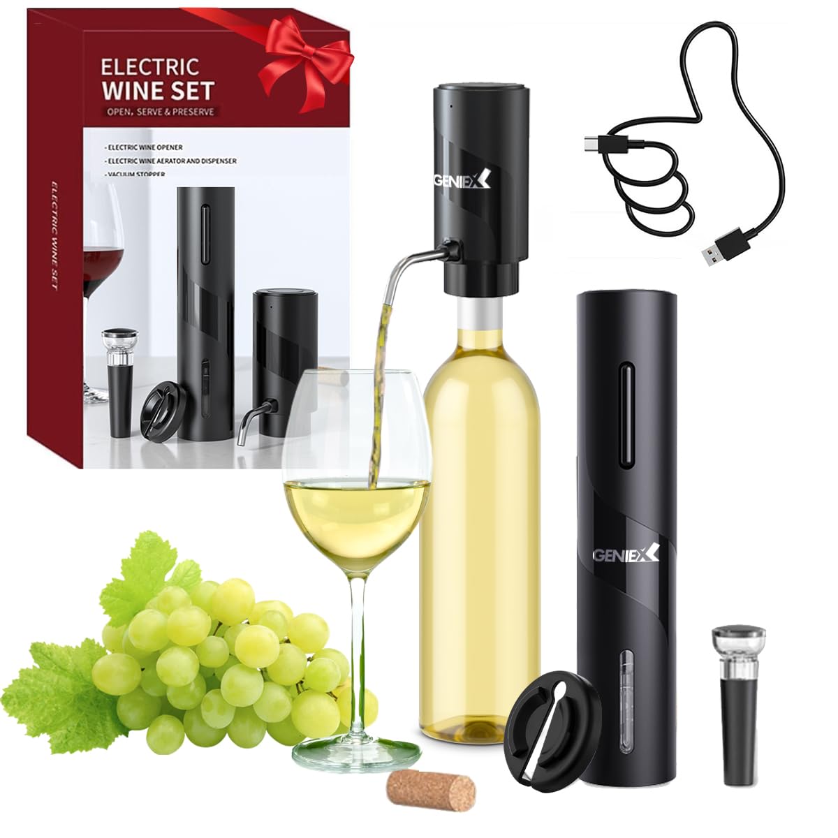Electric Wine Set 4 | Automatic Wine Opener Dispenser Gift Set - Electric Corkscrew Opener & Auto Wine Dispenser | Ideal Housewarming Gifts and Cool Wine Gift (Black)