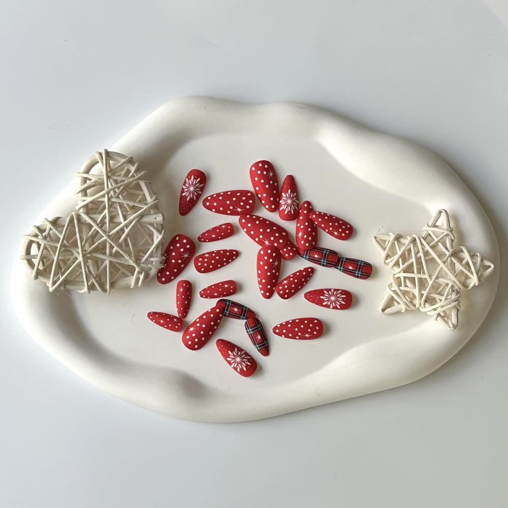 Almond Christmas Press on Nails Medium Red Fake Nails with White Snowflake Design Matte Christmas False Nails Acrylic Nails Full Cover Glue on Nails Stick on Nails for Women and Girls