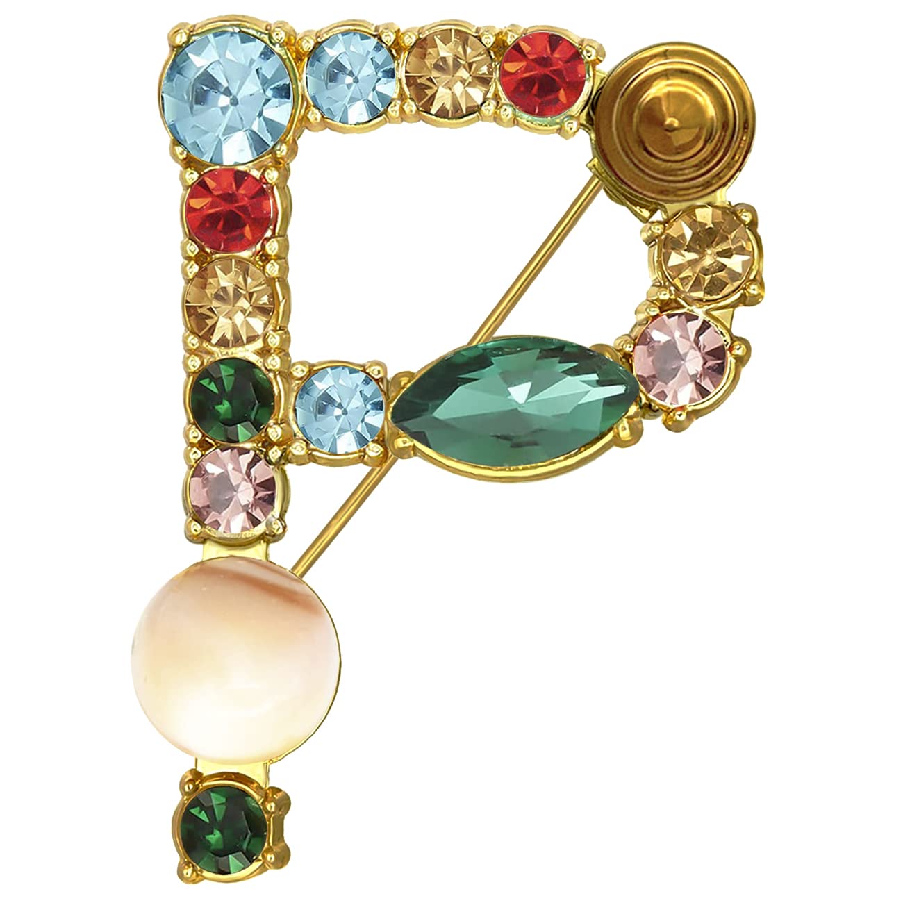 XGALBLA Letters P Plated Metal Stone Clear Colorful Crystal Lapel Pin Brooches Collar(Gold Tone)