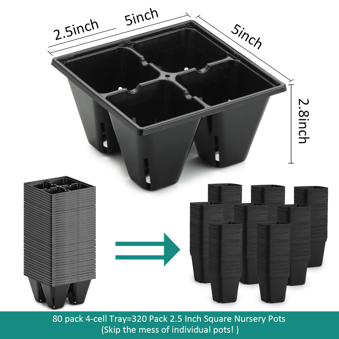 RooTrimmer 80 Pack Reusable 4-Cell Seed Starter Tray for Seedlings, Easy Watering Seed Starting Trays with Drainage Holes for Seed Germination and Plant Start, Fits Standard 1020 Trays, Black
