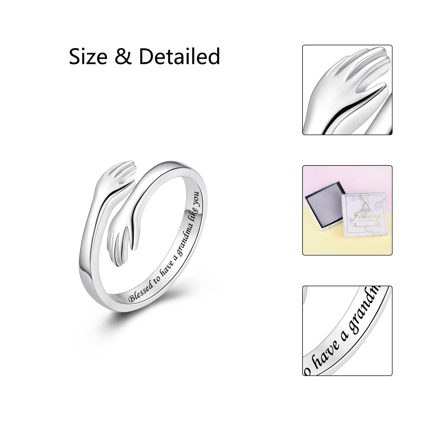 ACJFA S925 Sterling Silver Hug Ring for Women Adjustable Thumb Ring Birthday Gifts (Blessed to have a grandma like you)