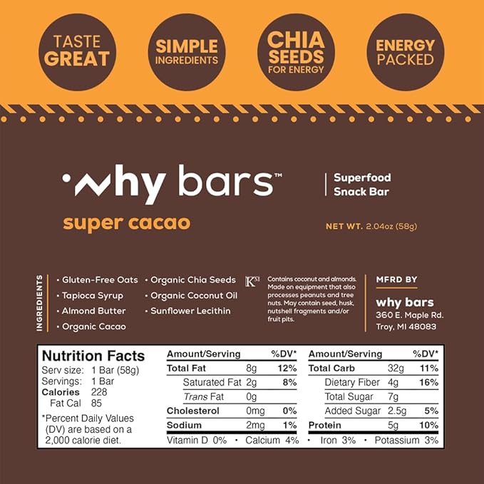 Why Bars, Protein Bars, Variety Pack, 2.04 Ounce Bars (Pack of 12 Protein Bars) - Protein Bar Superfood, Gluten Free, Non GMO, Organic, Vegan, Simple Ingredients