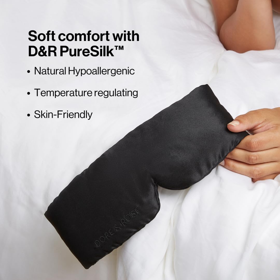 Dore & Rose Deep Sleep Mask Light Blocking, 23 Momme Mulberry Silk Eye Mask, Ultra Soft, Adjustable - Travel Sleeping Mask for Men & Women - Black