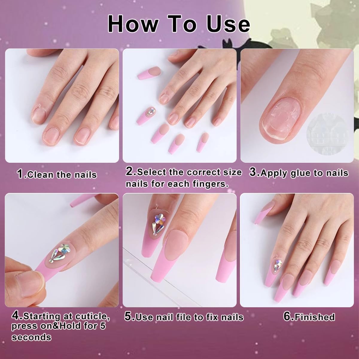 24Pcs Halloween Press on Nails Long Square French Tip Fake Nails with Purple Gothic Ghost Pumpkin Design Cute Flower Butterfly Star Gems False Nails Full Cover Artificial Glue on Nails for Women DIY