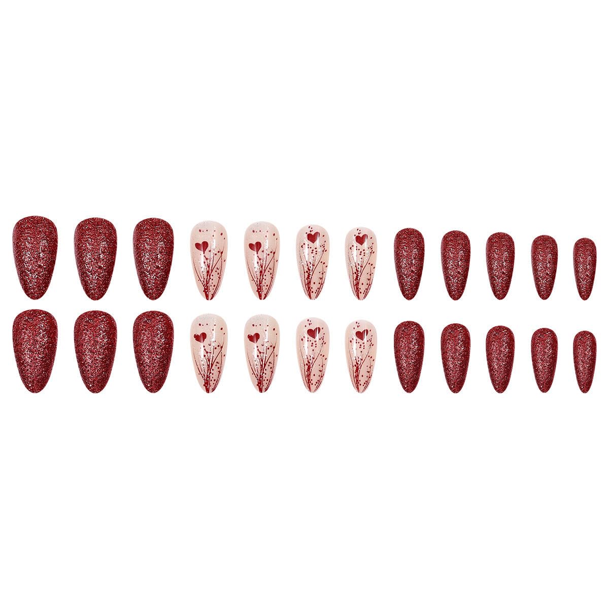 Valentine’s Day Press on Nails Red Medium Almond Fake Nails with Gradient Designs Heart Stripe False Nails Valentine Glue on Nail Artificial Full Cover Stick on Nail for Women 24Pcs Manicure Kit