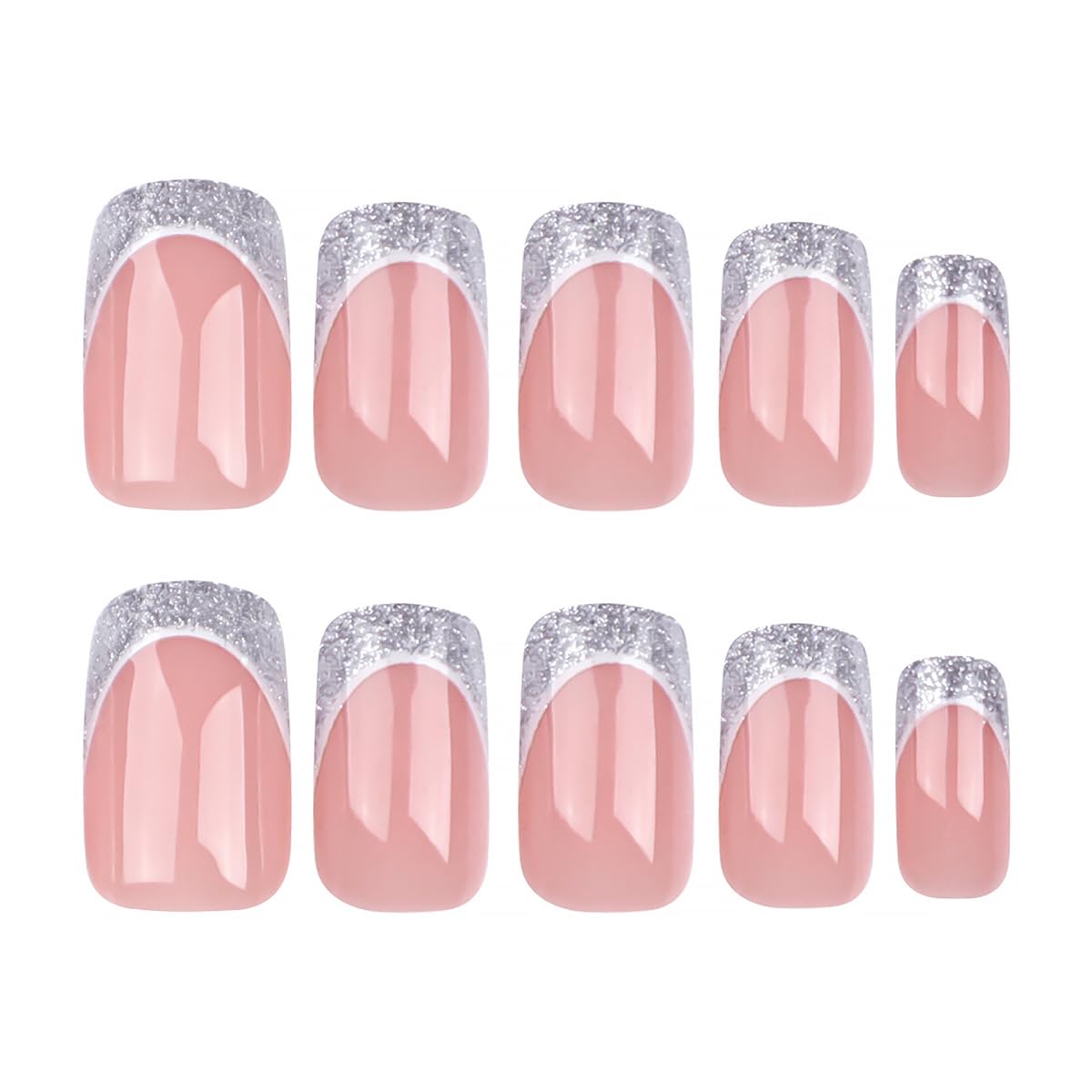 Silver French Tip Press on Nails Medium Square Fake Nails Nude Pink False Nails Stick on Nails Glitter French Glue on Nails Design Full Cover Artificial Artificial Nails for Women Manicure Salon 24Pcs