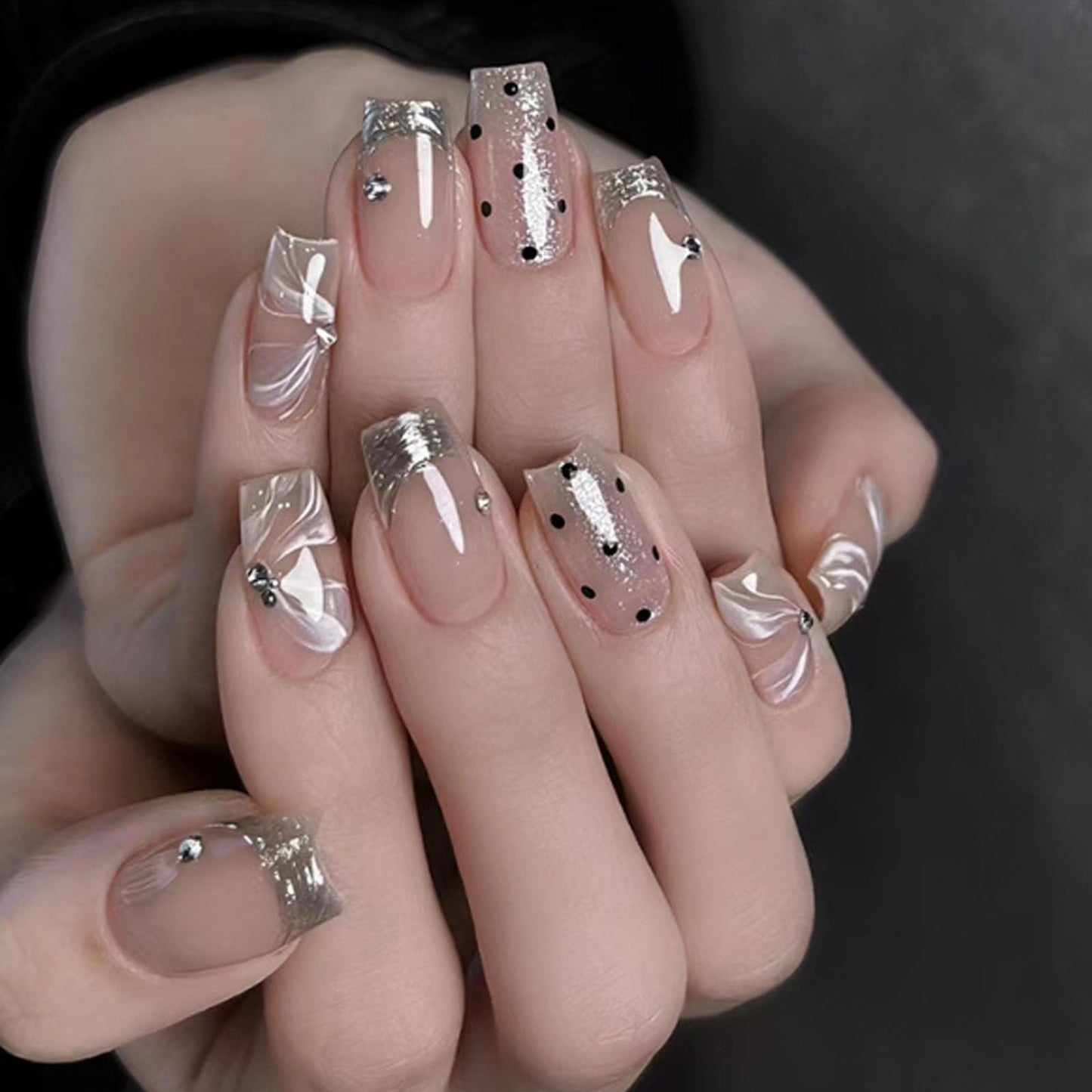 Hkanlre Silver Press on Nails Medium Fake Nails Tips Full Cover French False Square Dot Nails for Women and Girls 24PCS
