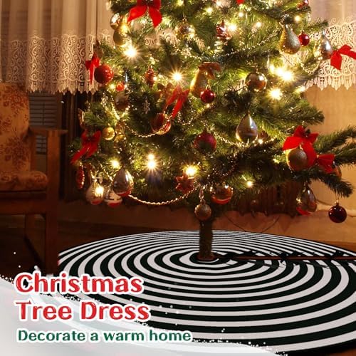 Reversible Halloween Christmas Tree Skirt 36 Inch Black White Lollipop Christmas Tree Skirt Halloween Black and White Annual Rings Tree Mat for Home Xmas Trees Holiday Decoration (Black White)