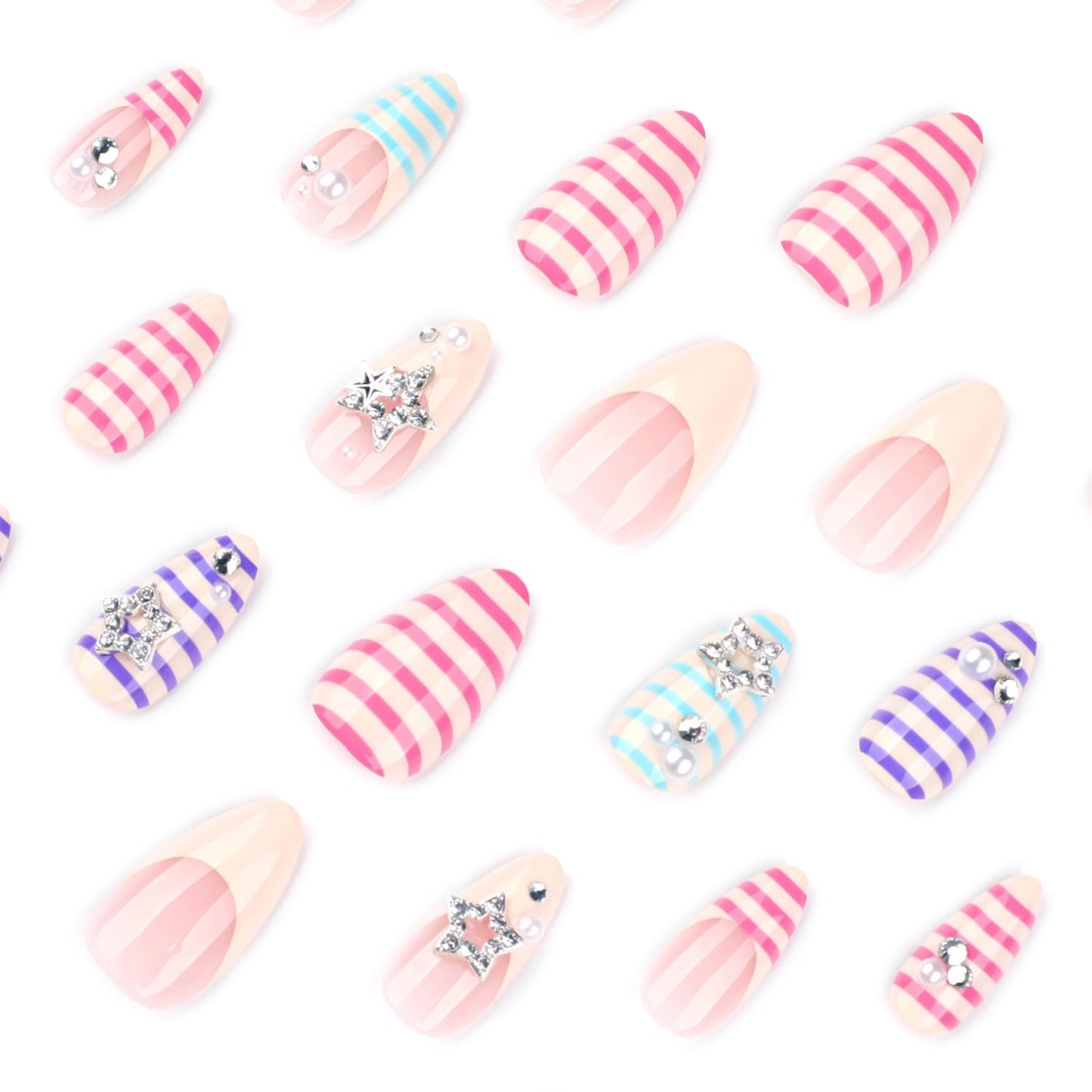 Mivota Soft Gel Press On Nails Medium Almond Colorful Stripe Design with 3D Star & Pearl, Reusable Glue On Fake Nails for Women, Cute Y2K Salon Manicure Set 24PCS