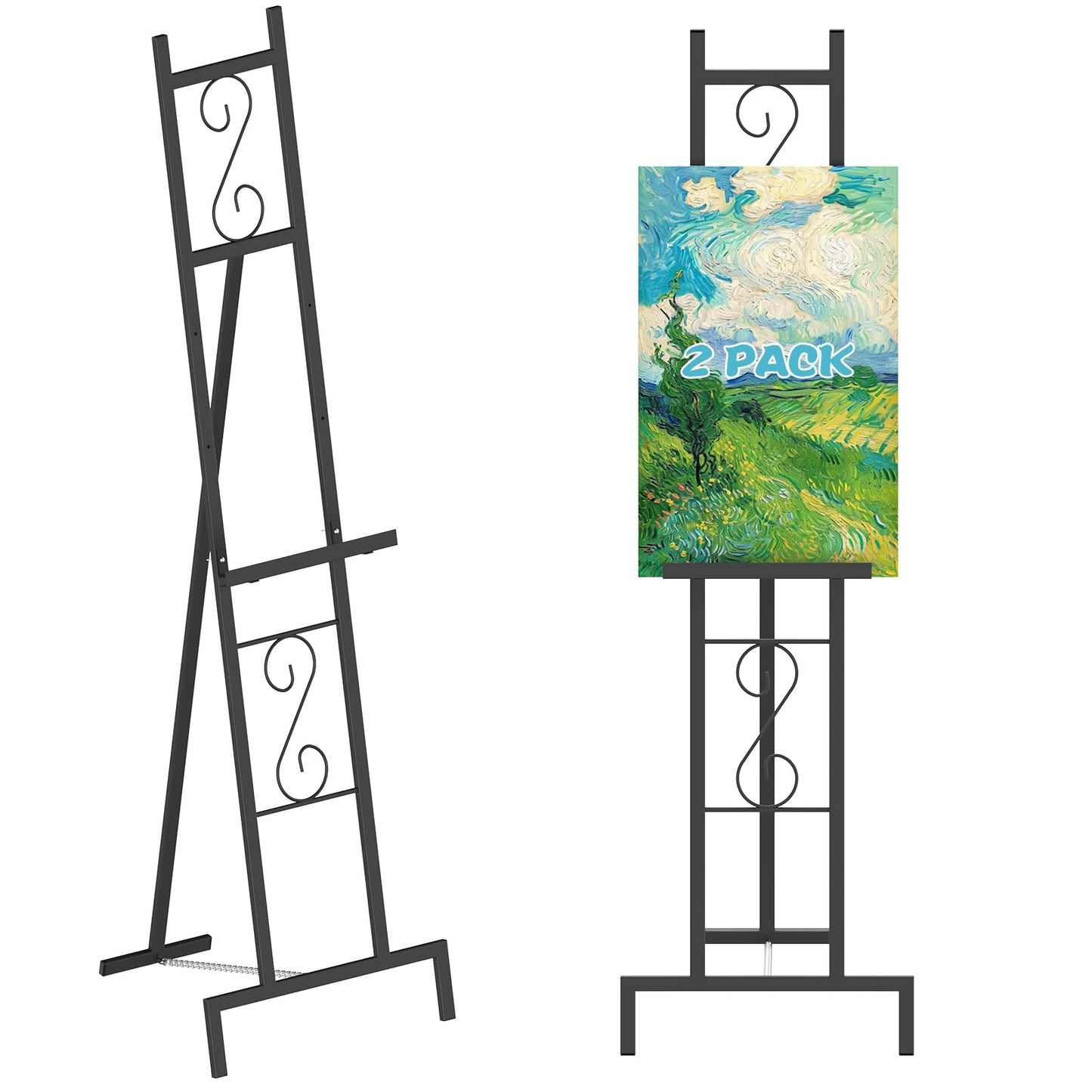 58" Easel Display Stand, 2 Pack Black Easel Stand for Wedding Poster Board Stands for Display Lightweight Floor Easels for Painting Welcome Sign Holder with Adjustable Chain