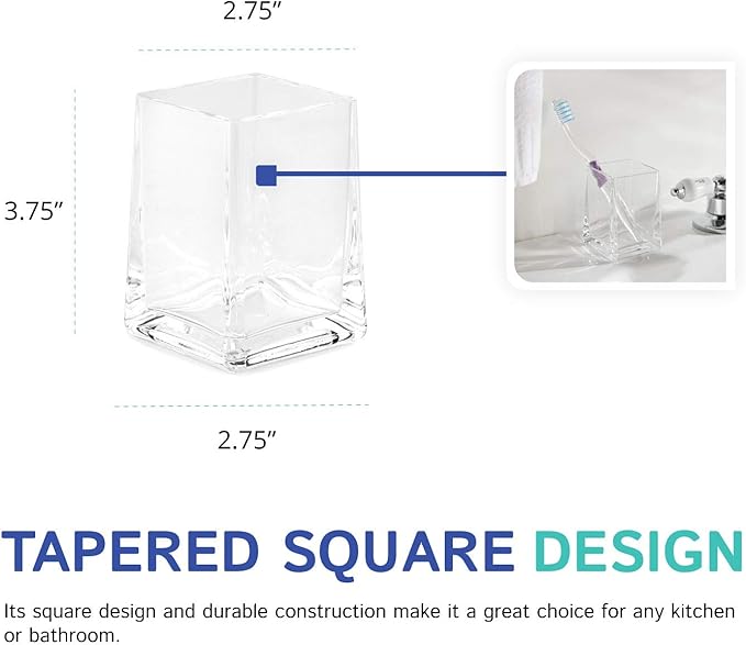 Huang Acrylic Clear Square Tapered Bathroom Toothbrush Holder/Tumbler | Easy to Clean Durable Acrylic | Single Piece Set