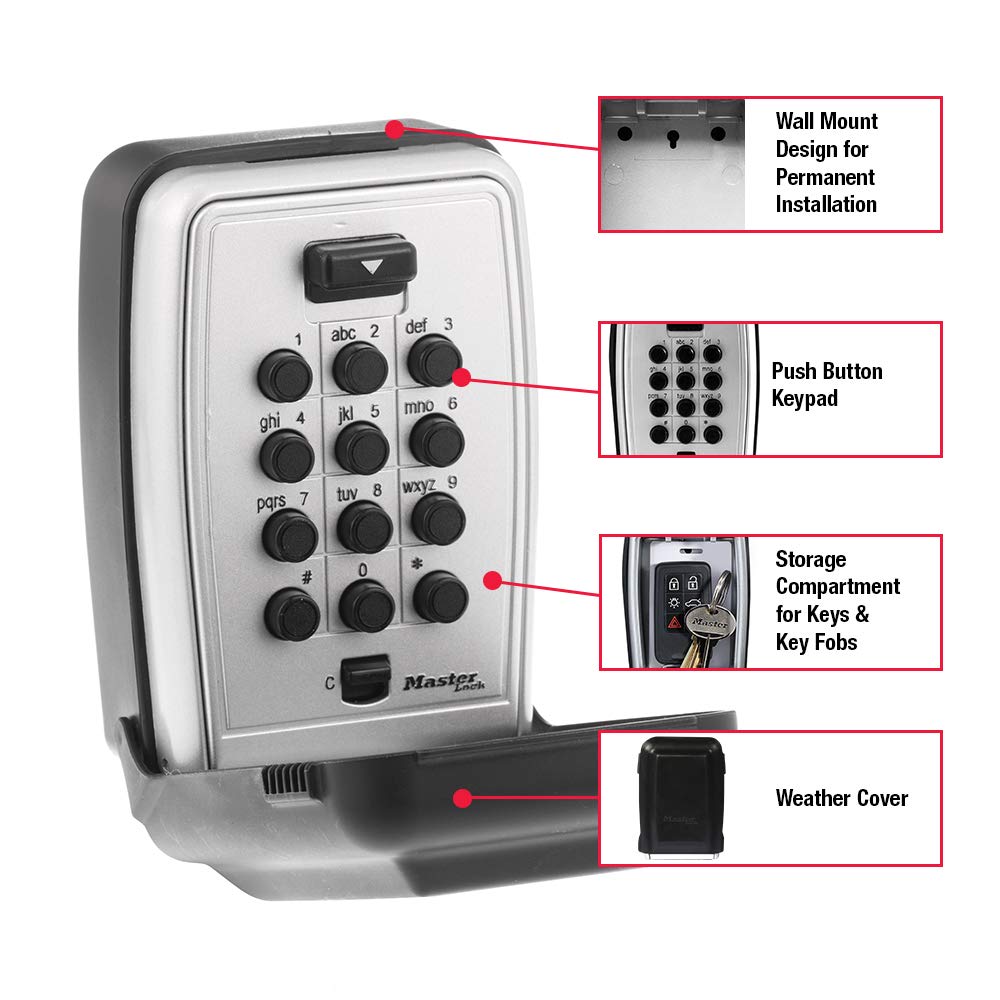 Master Lock Wall Mount Key Lock Box with Push Button for House Keys, Outdoor Safe with Combination Lock, 5 Key Capacity, 5423EC , Black