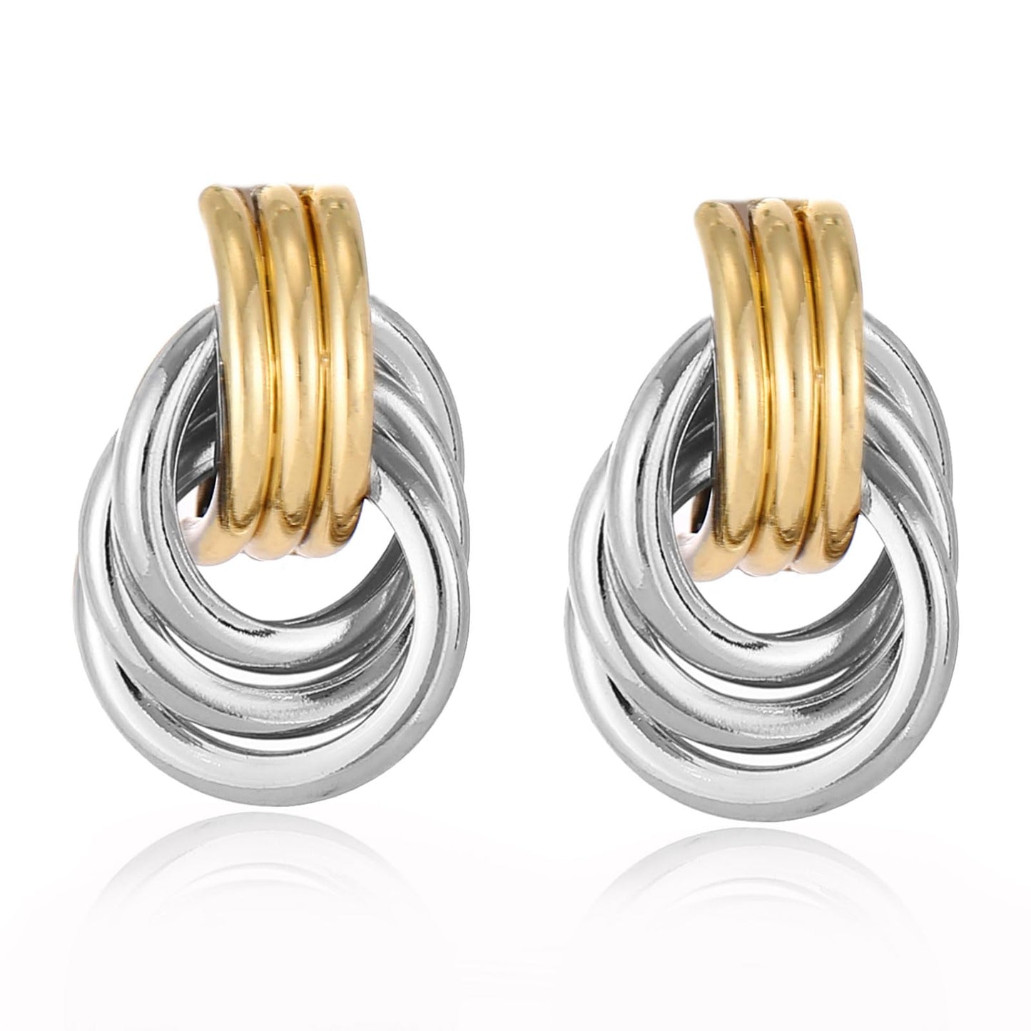 14K Gold Silver Earrings - Mixed Metal Knot Earring for Women, Trendy Two Tone Knotted Drop Statement Earring Jewelry