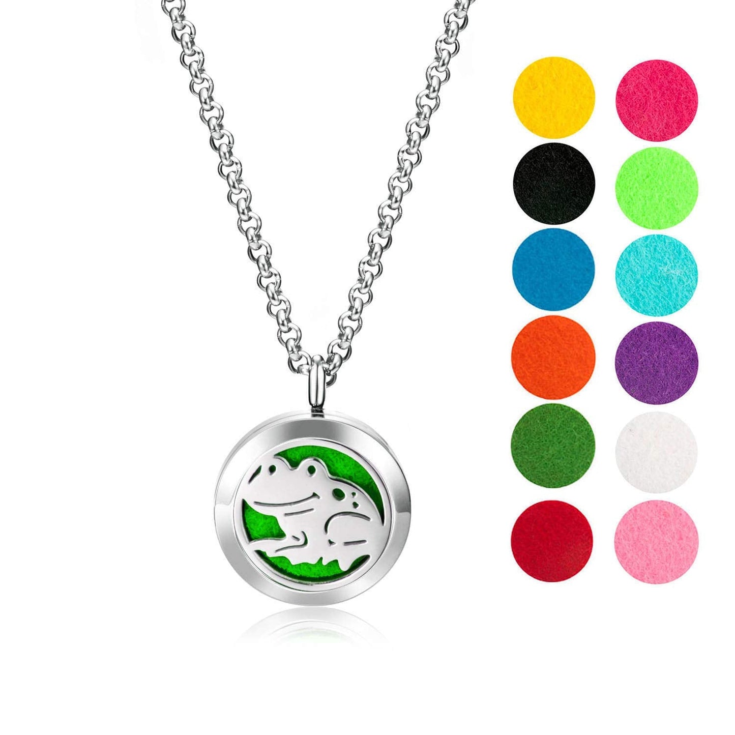 Wild Essentials Happy Frog Essential Oil Diffuser Necklace, Stainless Steel Locket Pendant with 24 inch Chain, 12 Color Refill Pads, Customizable Color Changing Perfume Jewelry for Aromatherapy