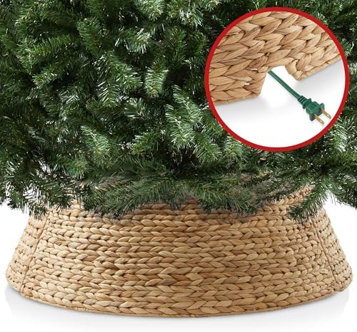 Casafield 42-Inch Christmas Tree Collar, Woven Water Hyacinth Tree Base Cover with Cord Cut Out, Natural