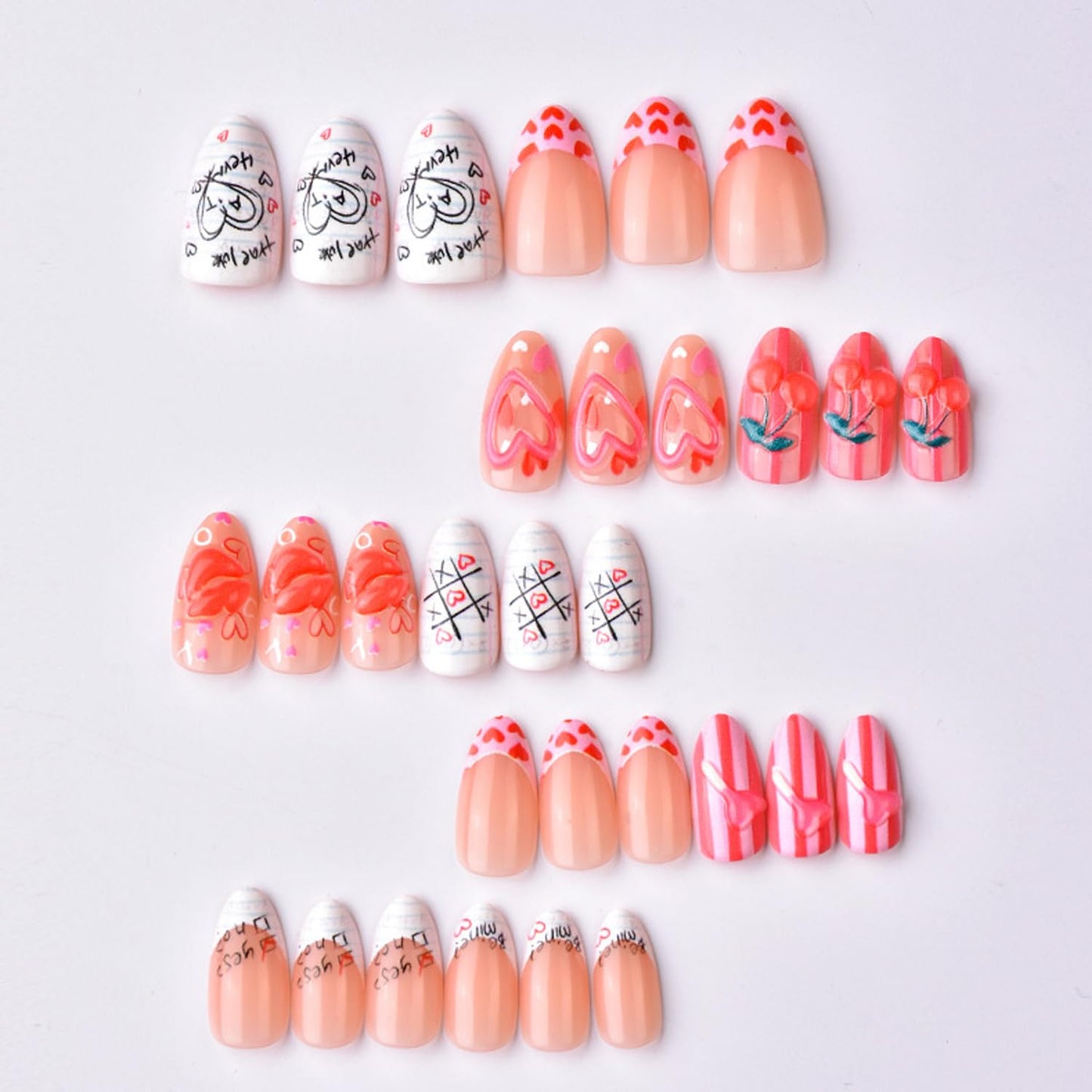 30Pcs Valentine's Press on Nails Red Hearts & Strawberry Love Lip Design Cute False Nails French Nail Tips Handmade Valentine Press on Letter Solid Color Stick on Nails for Women Holiday Manicure