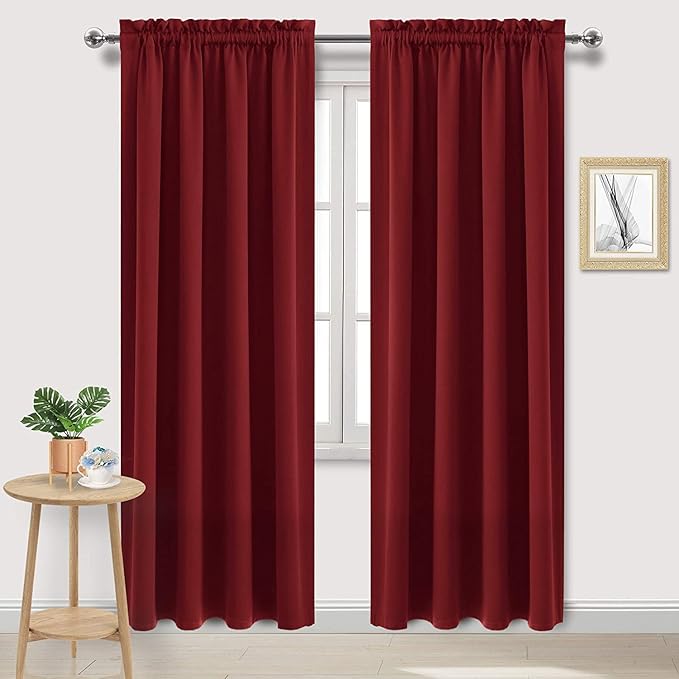 DWCN Christmas Blackout Curtains Room Darkening Thermal Insulated Bedroom Curtains Window Curtain Panels, 52 x 84 inches Long, Set of 2 Burgundy Rod Pocket Drapes