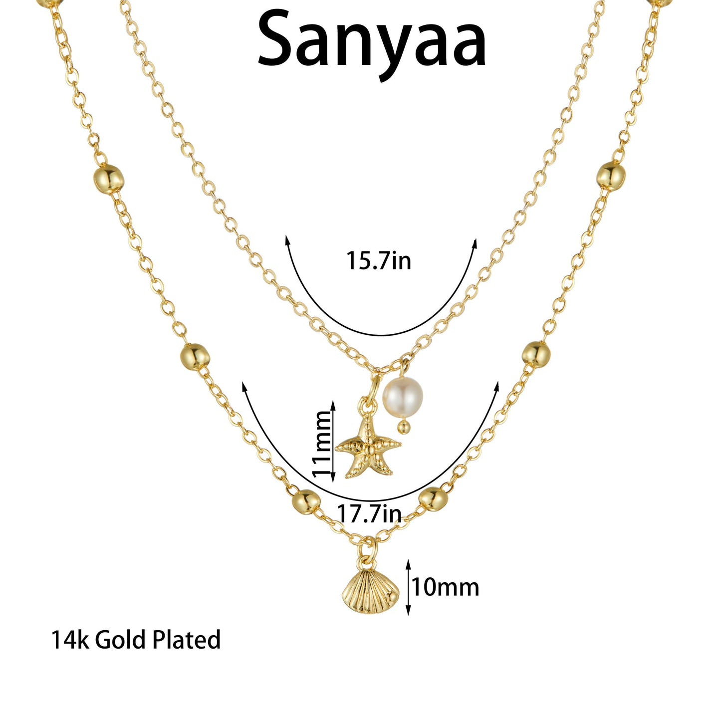 Seashell Starfish Necklace for Women Conch Shell Summer Pearl Beach 14k Gold Layered Dainty Choker (Pearl Layered Necklace)
