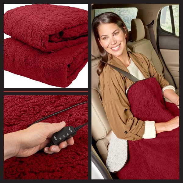 Stalwart Heated Car Blanket 2-Pack - 12V Heated Blanket for Car, RV or Camping - 57x39” Portable Electric Travel Throw - 2 Heat Levels - Tailgating Essentials (Red)