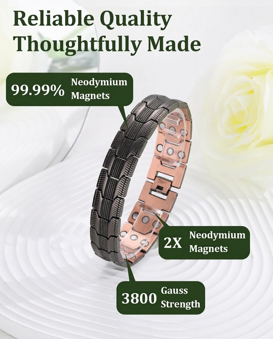 Fashtour Copper Bracelet for Men, 2X Strength 99.99% Pure Copper Magnetic Bracelet with Magnets, Butterfly Clasp Design, Adjustable Length with Sizing Tool (Black)