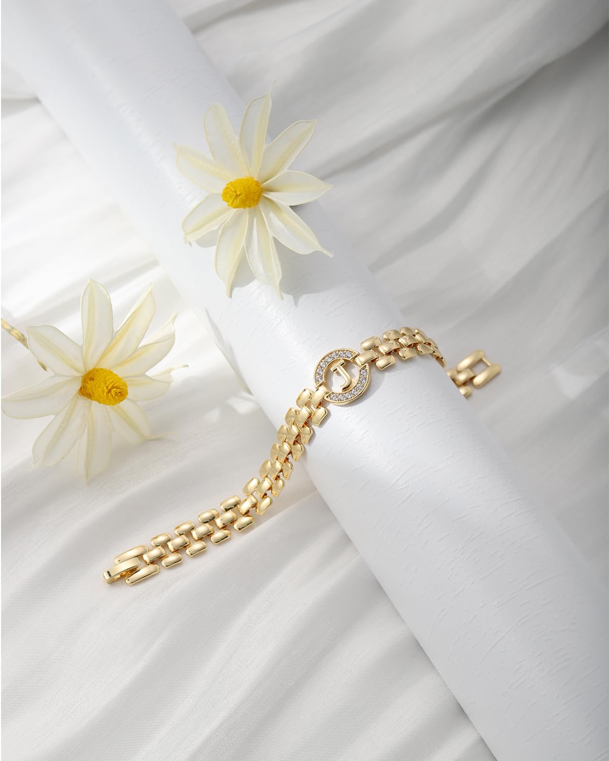 WEDDINEN Initial Bracelet, 14K Gold Plated Letter Bracelet for Women, Thick Bangle Wrist Alphabet Charm Chain, Christmas Jewelry Gift