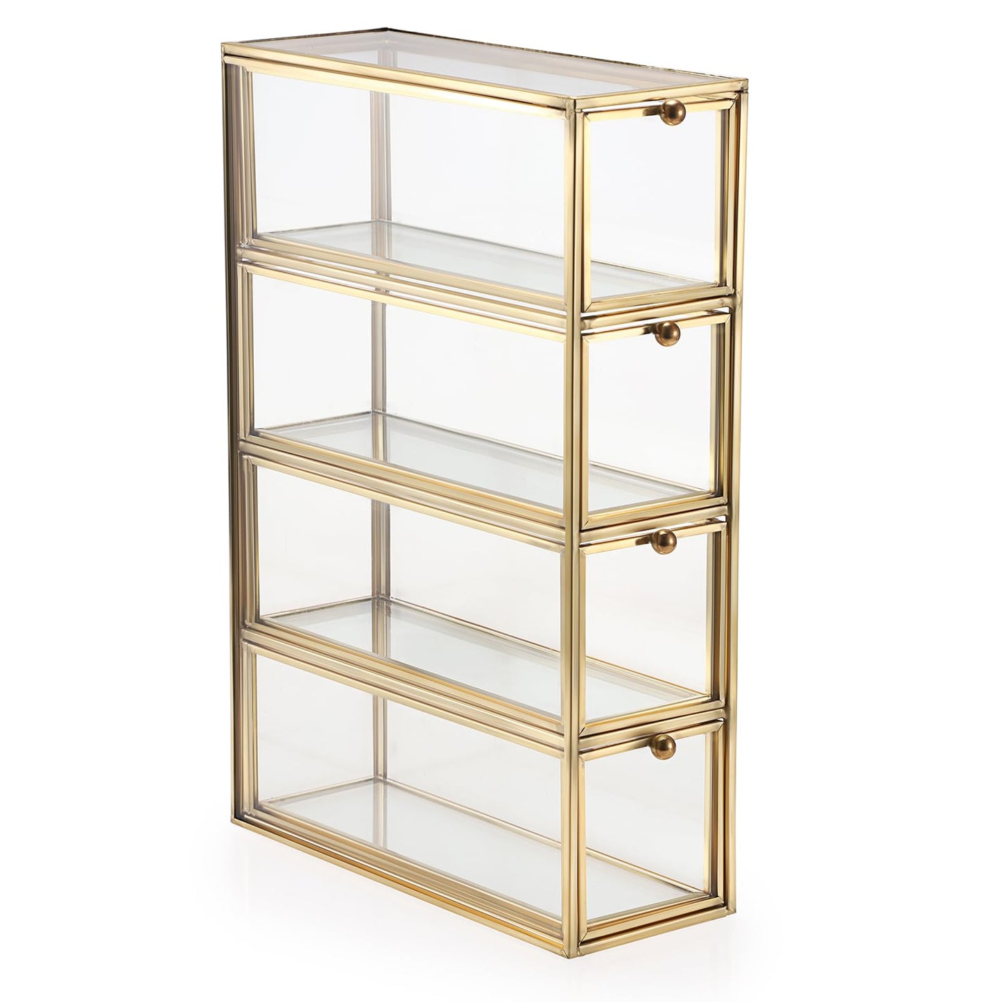 Hipiwe Sunglasses Organizer Box with 4 Drawers, Gold Metal Eyeglass Storage Holder Eyewear Display Case, Clear Glass Multiple Drawer Organizer for Glasses Jewelry Watch Vanity Makeup