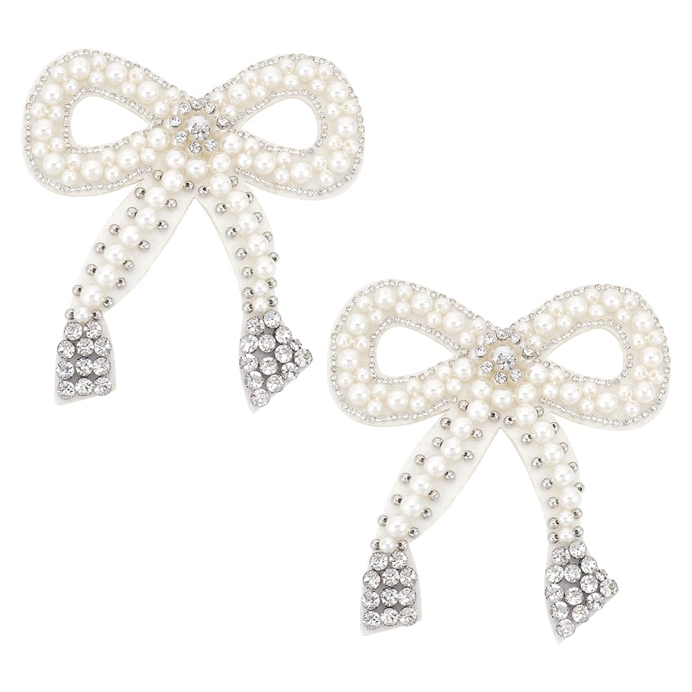 FINGERINSPIRE 2 Pcs Bowknot Rhinestone Patch 4.9x4.5inch Bow Tie Beading Appliques White Imitation Pearl Decorative Patch Repair Felt Sew on Applique for Clothing Repair