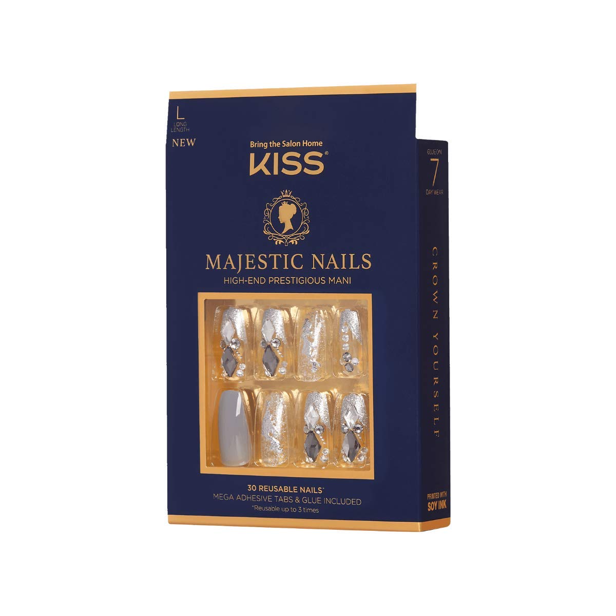 KISS Majestic Nails High-End Prestigious Manicure - Style 'Sparkle', 30 Reusable Nails, Pink Gel Nail Glue NET WT 2 g (0.07 oz.), 48 Adhesive Tabs, Mini File, 2 Manicure Sticks, 2 Prep Pads