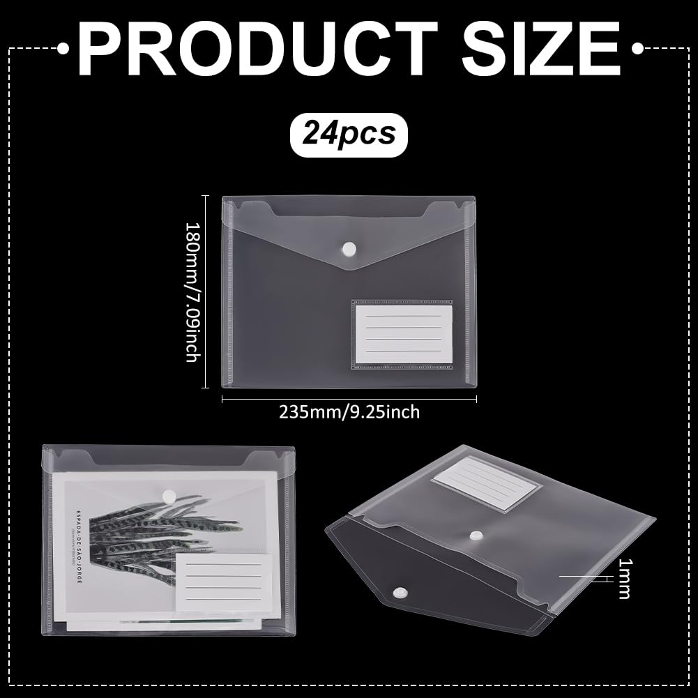 FINGERINSPIRE 24 Pcs Clear A5 Plastic Envelopes 9.25x7.08inch Transparent Document Storage Bags Snap Button File Pockets for School, Office & Home Organization Waterproof A5 Plastic Envelopes