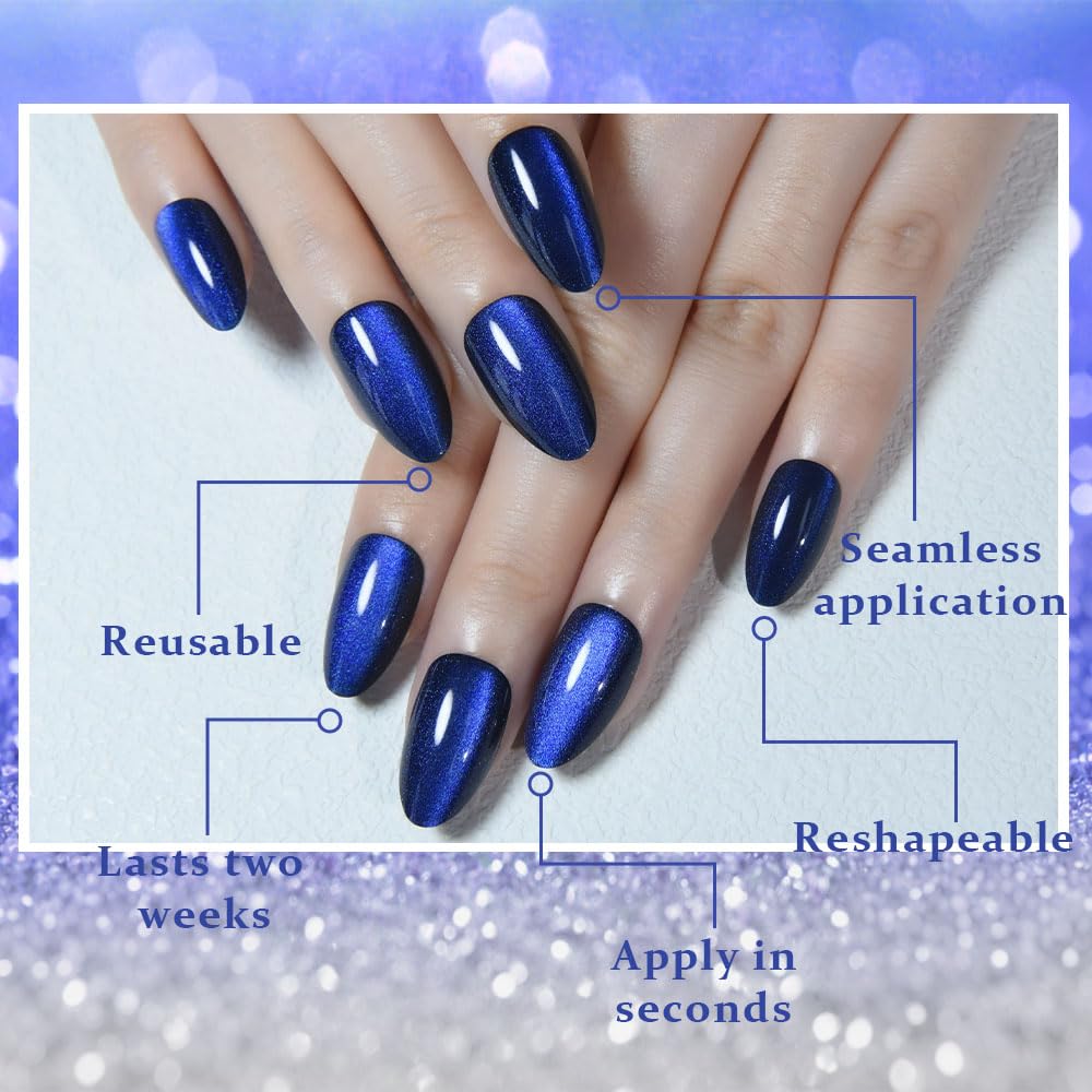 evpct Dark Blue Press on Nails Almond Short, Royal Blue Cat Eye Glitter Press on Nails for Women Gift, Soft Gel Press Stick on Nail with Nail Kit, Full Cover, 30Pcs Reusable Acrylic Fake Nails Kit