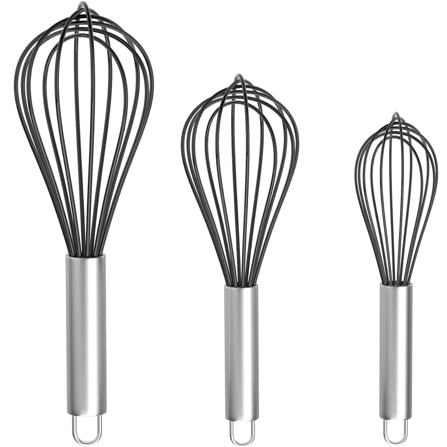 Silicone Whisk, Stainless Steel Wire Whisk Set - 3 PCS Rubber Whisks for Cooking, Non-stick Cookware, Kitchen, Balloon Egg Beater Perfect for Blending, Whisking, Black