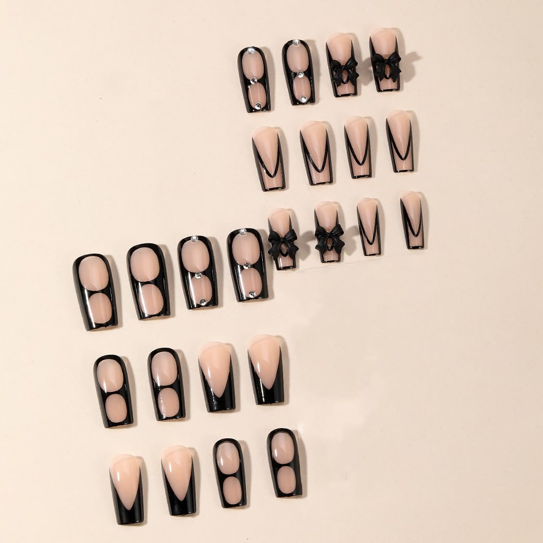 BABALAL Medium Square Press on Nails, Black French Tip Bow Goth Design Handmade Thick Full Cover Acrylic Squoval Glue on Nails 24 Pieces
